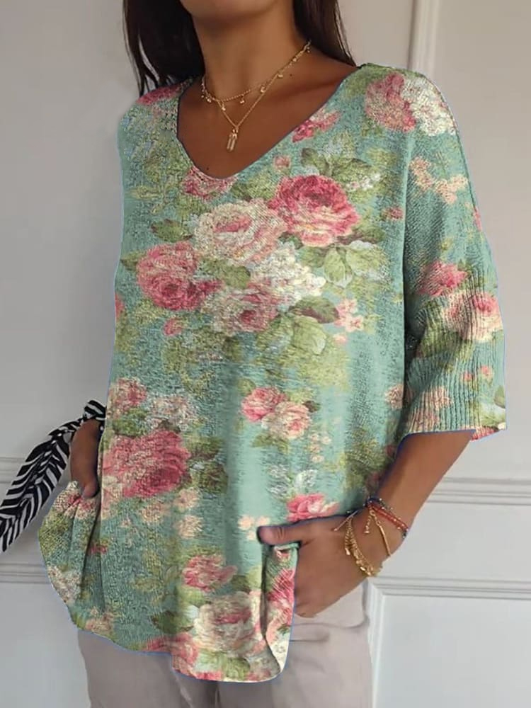 Women's Vintage Lovely Floral Art Print Casual Pullover Knit