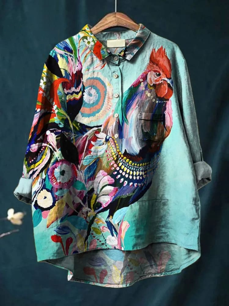 Oil Painting Rooster Art Printed Women's Casual Cotton And Linen Shirt