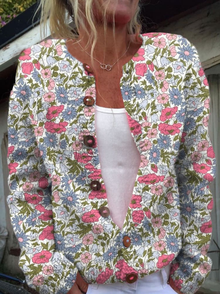 Vintage Flower Art Print Buttoned Cardigan Sweater
