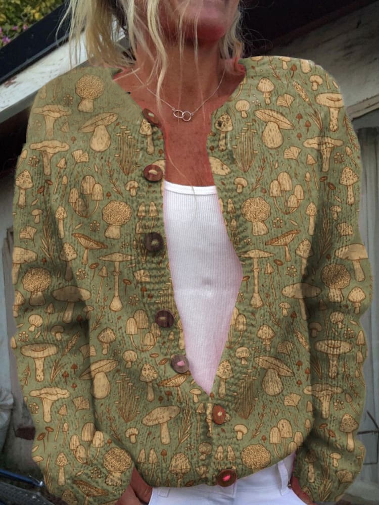 Wild Mushroom Pattern Printed Buttoned Cardigan Sweater