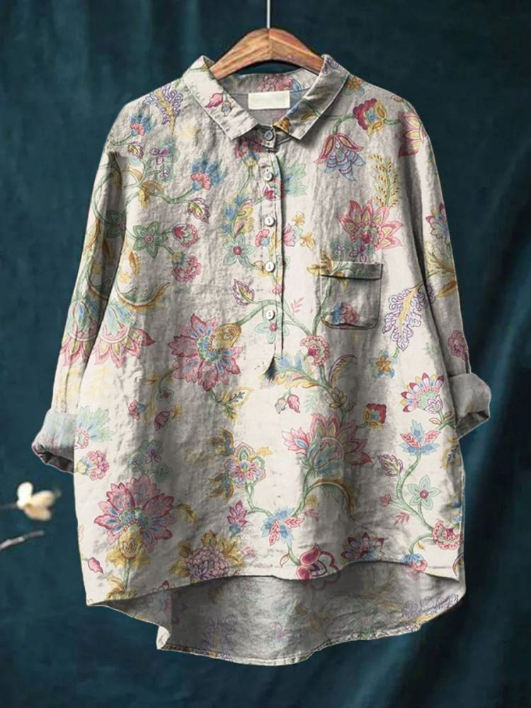 Women's Folk Floral Art Vintage Casual Cotton And Linen Shirt