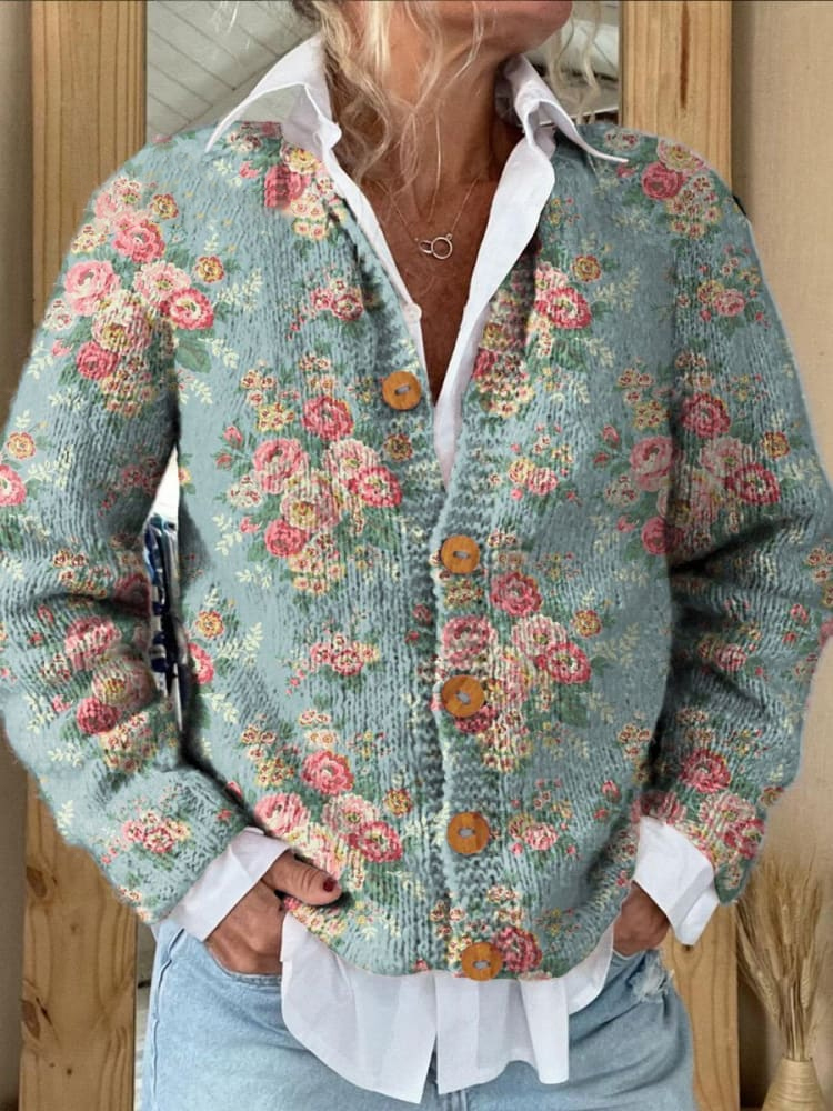 Romantic French Rose Pattern Printed Buttoned Cardigan Sweater