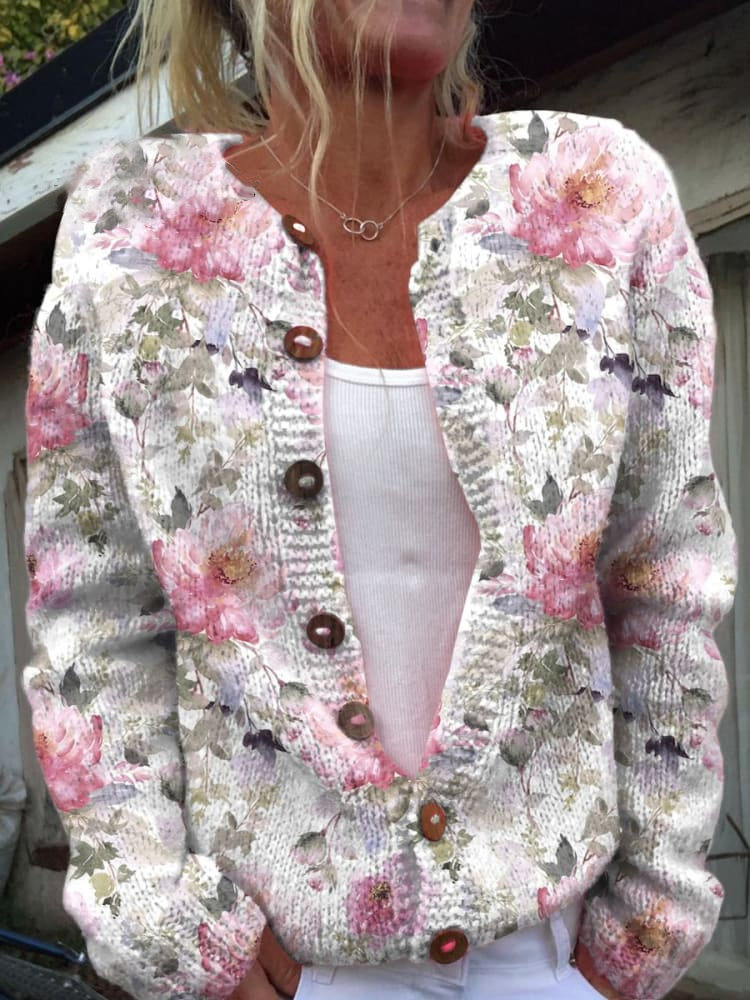 Beautiful Fresh Pink Flowers Vintage Print Buttoned Cardigan Sweater