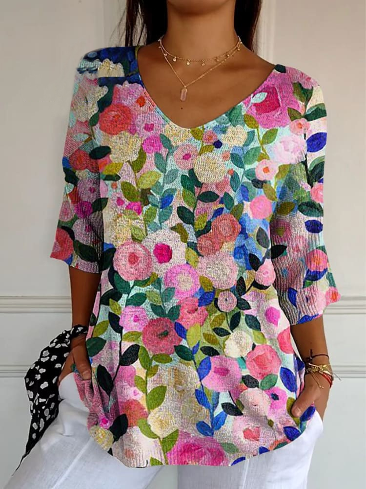 Colorful Spring Floral Garden Printed Women's Casual Pullover Knit