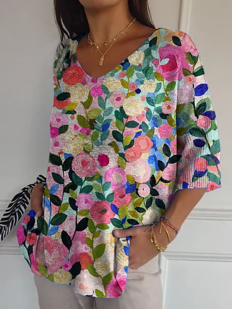 Colorful Spring Floral Garden Printed Women's Casual Pullover Knit