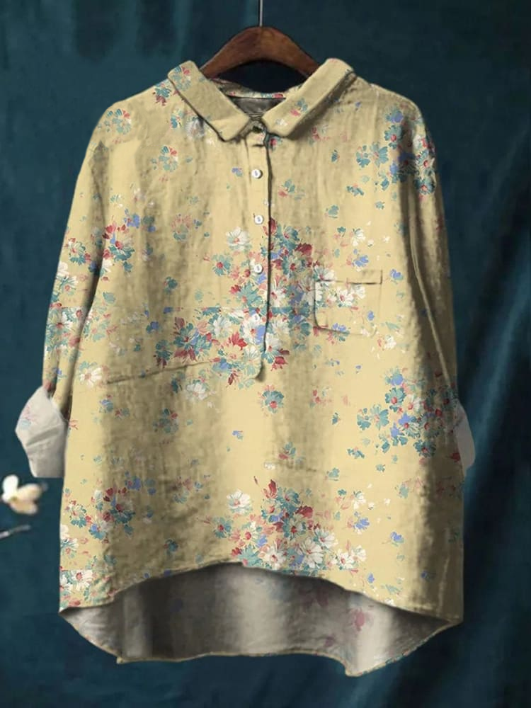 Small Spring Floral Pattern Printed Women's Casual Cotton And Linen Shirt