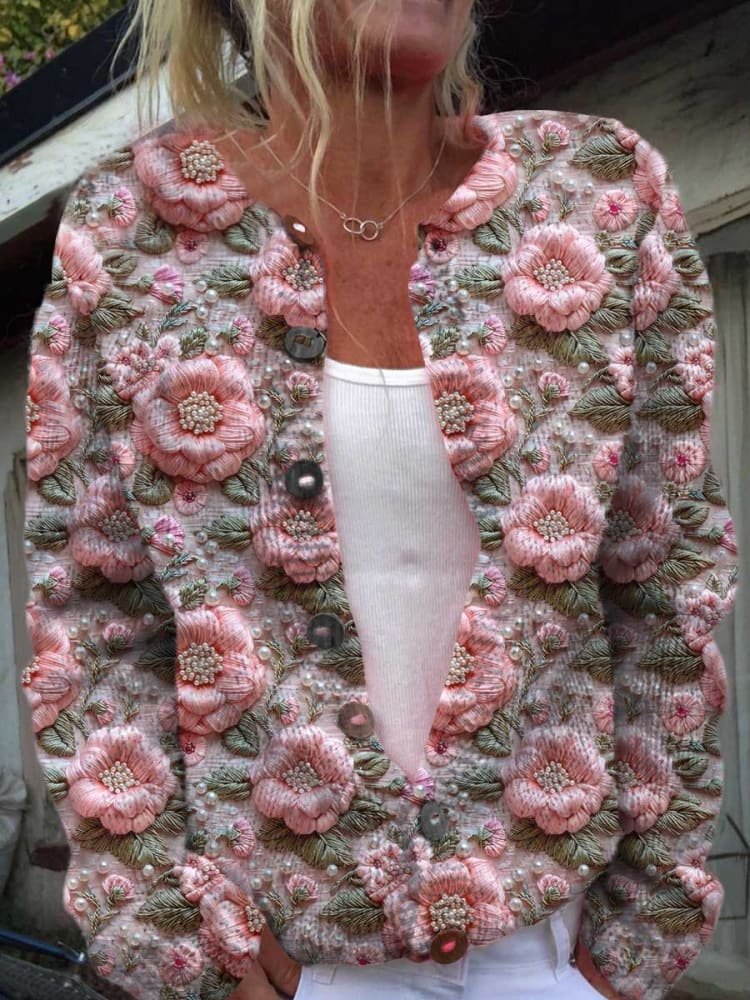 Vintage Pink Flower Print Buttoned Cardigan Sweater