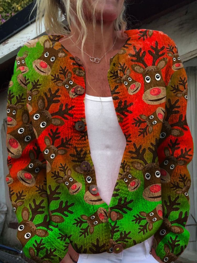 Christmas Art Print Buttoned Cardigan Sweater