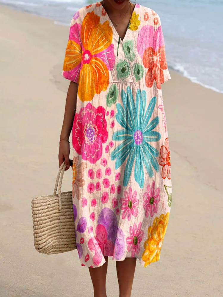 Women's Vintage Flowers Art Print Flowy Dress