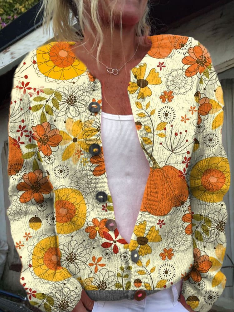 Floral and Pumpkin Art Print Buttoned Cardigan Sweater