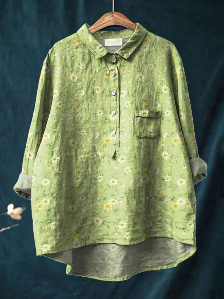 Women's Vintage Floral Art Print Casual Cotton And Linen Shirt