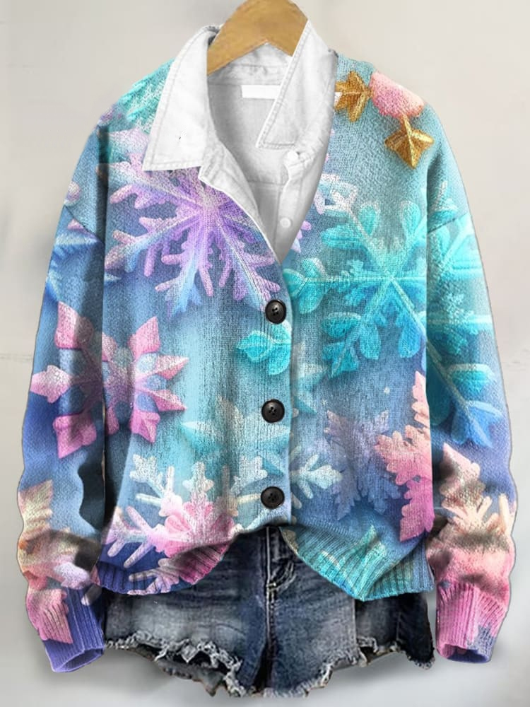 Christmas Snowflake Art Print Buttoned V-neck Cardigan Sweater