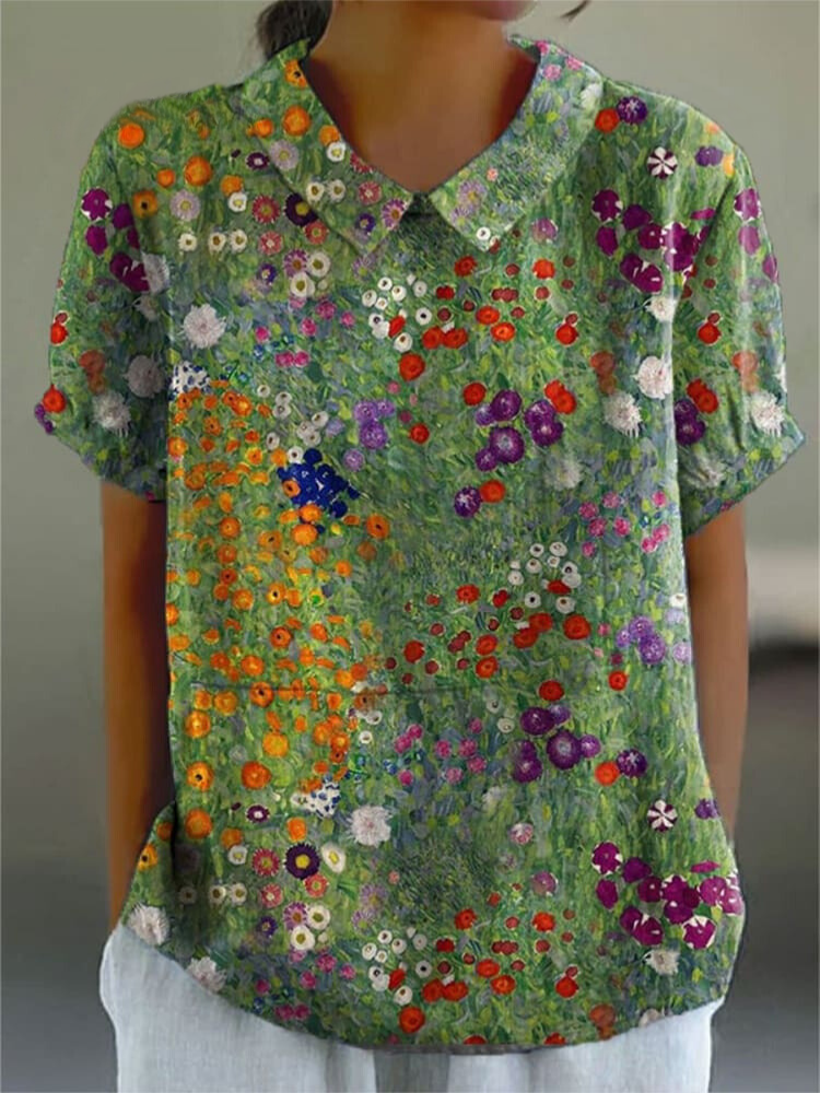 Women's  Flower Art Print Casual Cotton And Linen Shirt