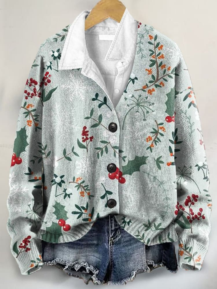Christmas Fruit Art Print Buttoned V-neck Cardigan Sweater