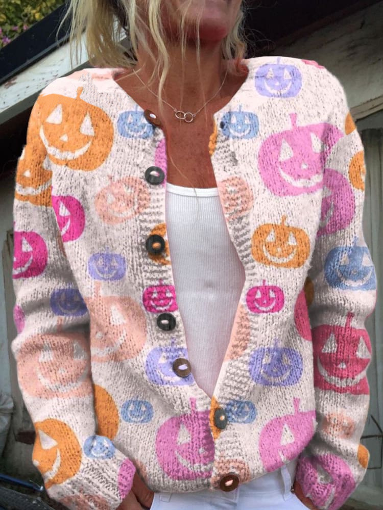 Halloween Pumpkin Art Print  Buttoned Cardigan Sweater