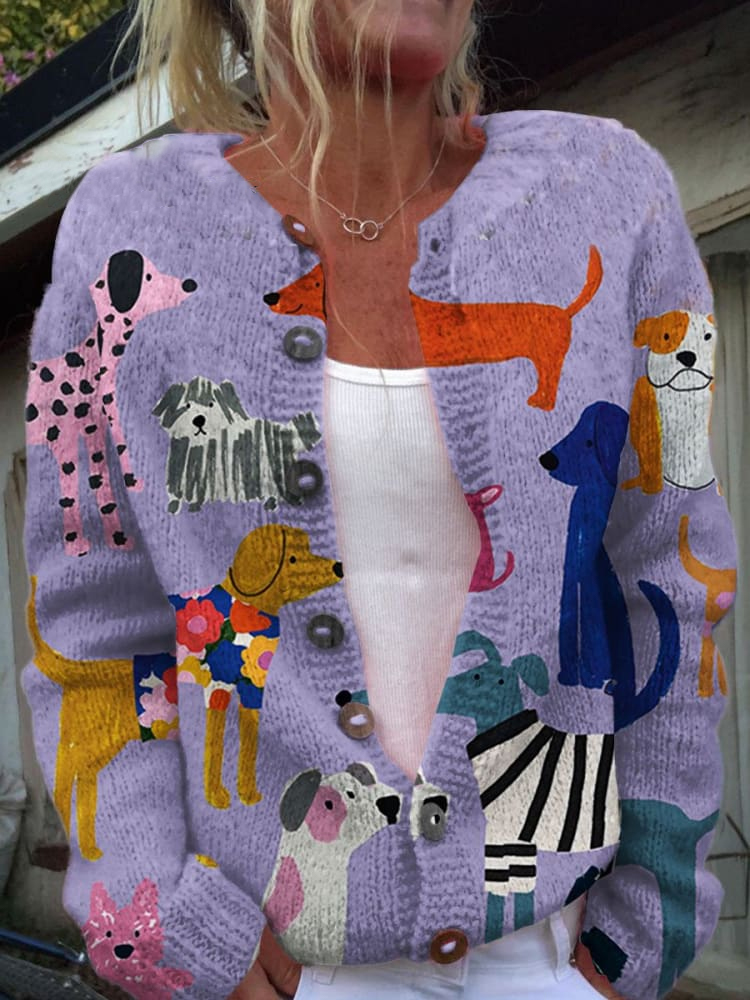 Dog  Art Print Buttoned Cardigan Sweater