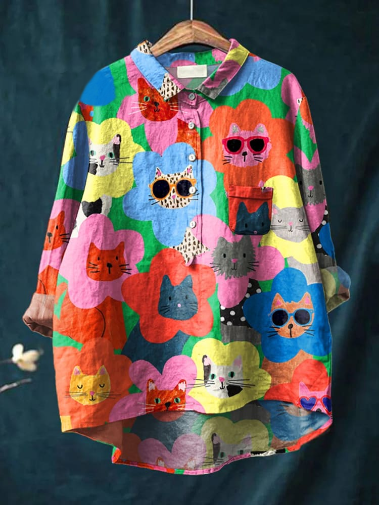 Women's Cat  Art Print Casual Cotton And Linen Shirt