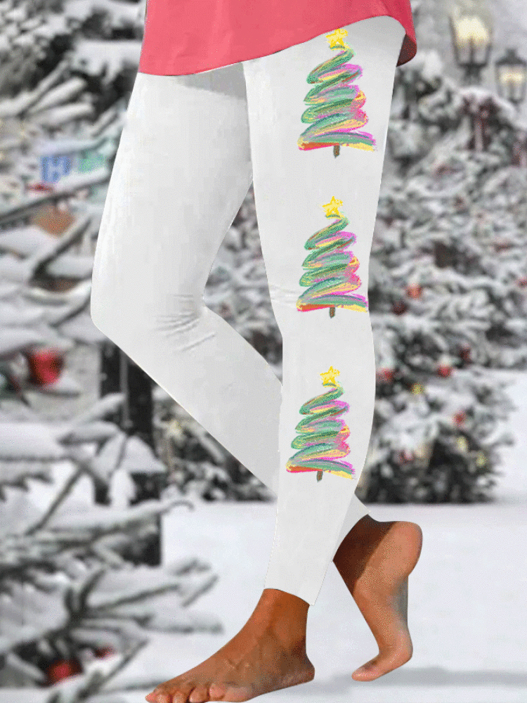 Women's Oil Painting Christmas Tree Print Leggings