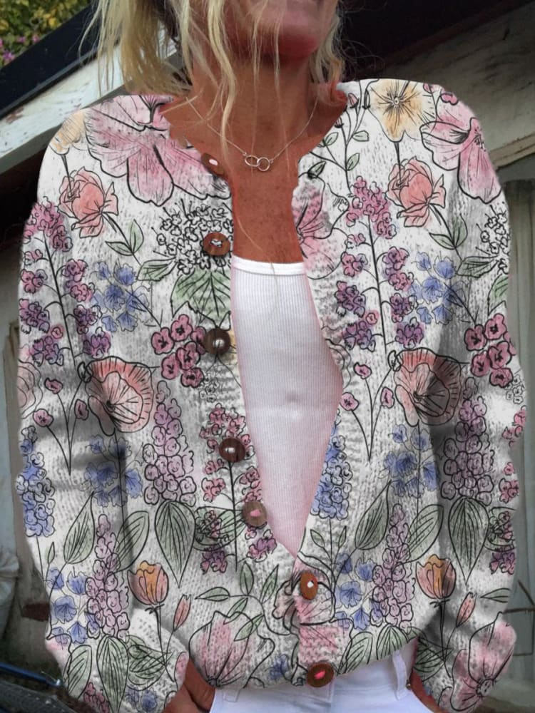 Various Flower Decorative Patterns Buttoned Cardigan Sweater