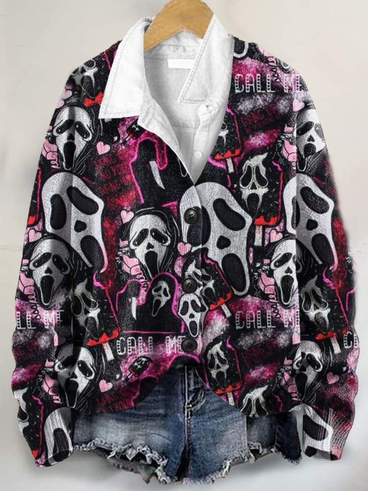 Halloween Horror Art Print Buttoned V-neck Cardigan Sweater