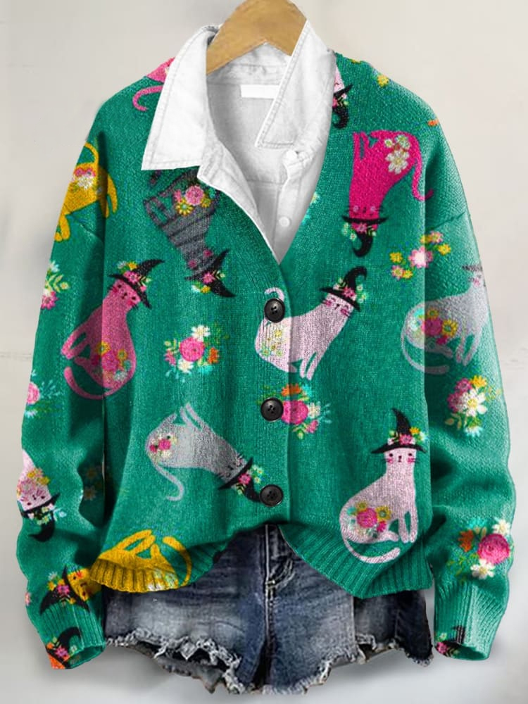 Cute Cat Art Print Buttoned V-neck Cardigan Sweater