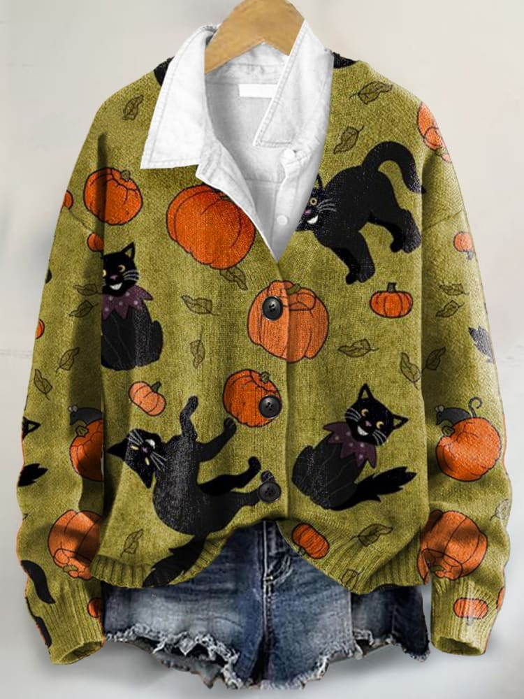 Halloween Black Cat Art Print Buttoned V-neck Cardigan Sweater