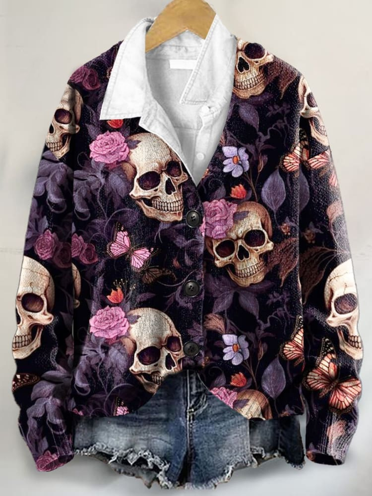 Halloween Skeleton Art Print Buttoned V-neck Cardigan Sweater
