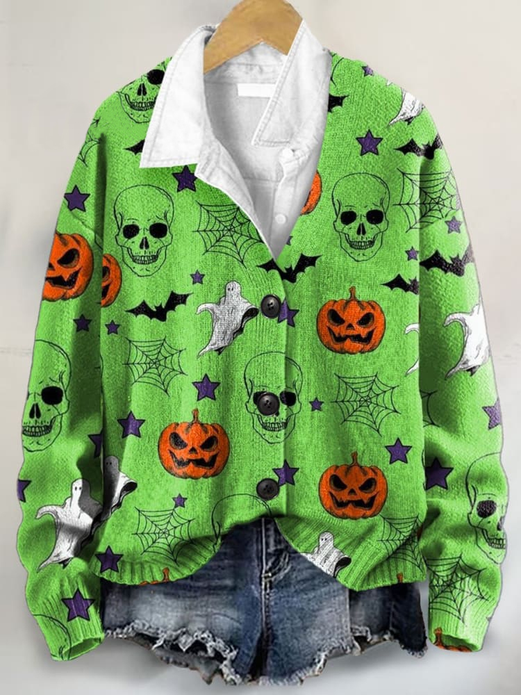 Halloween Pattern Art Print Buttoned V-neck Cardigan Sweater