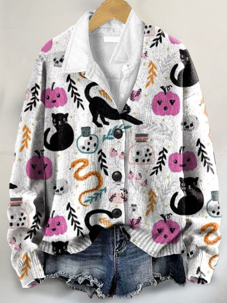 Halloween Black Cat Art Print Buttoned V-neck Cardigan Sweater