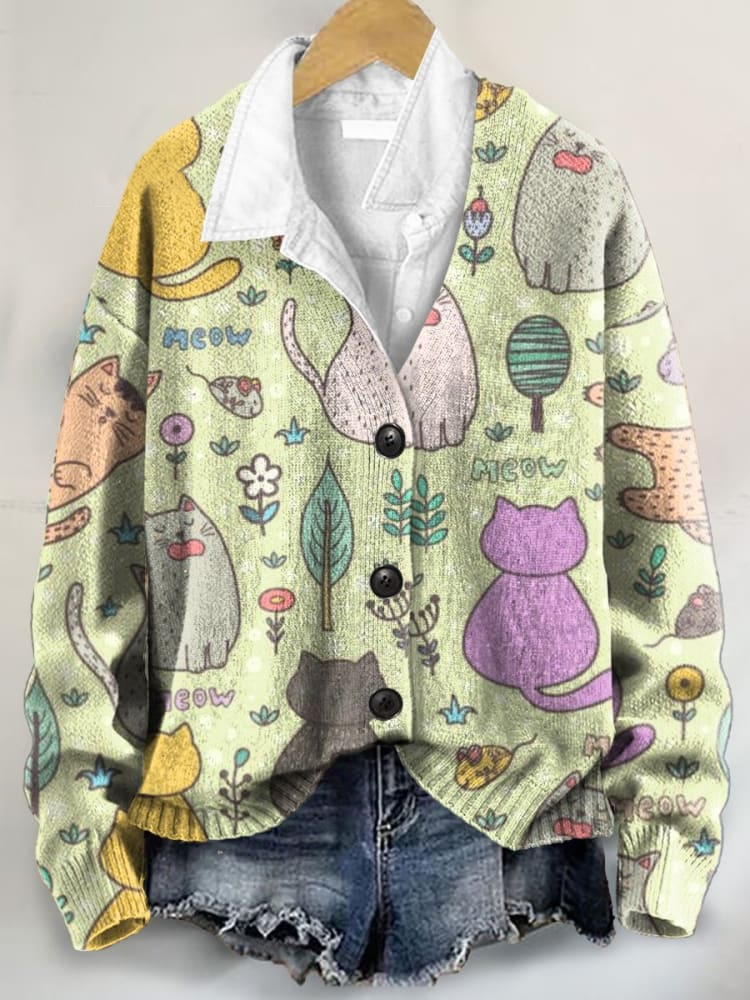 Cute Cat Art Print Buttoned V-neck Cardigan Sweater