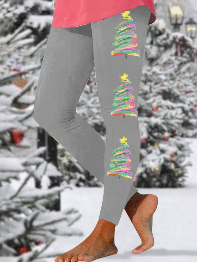 Women's Oil Painting Christmas Tree Print Leggings