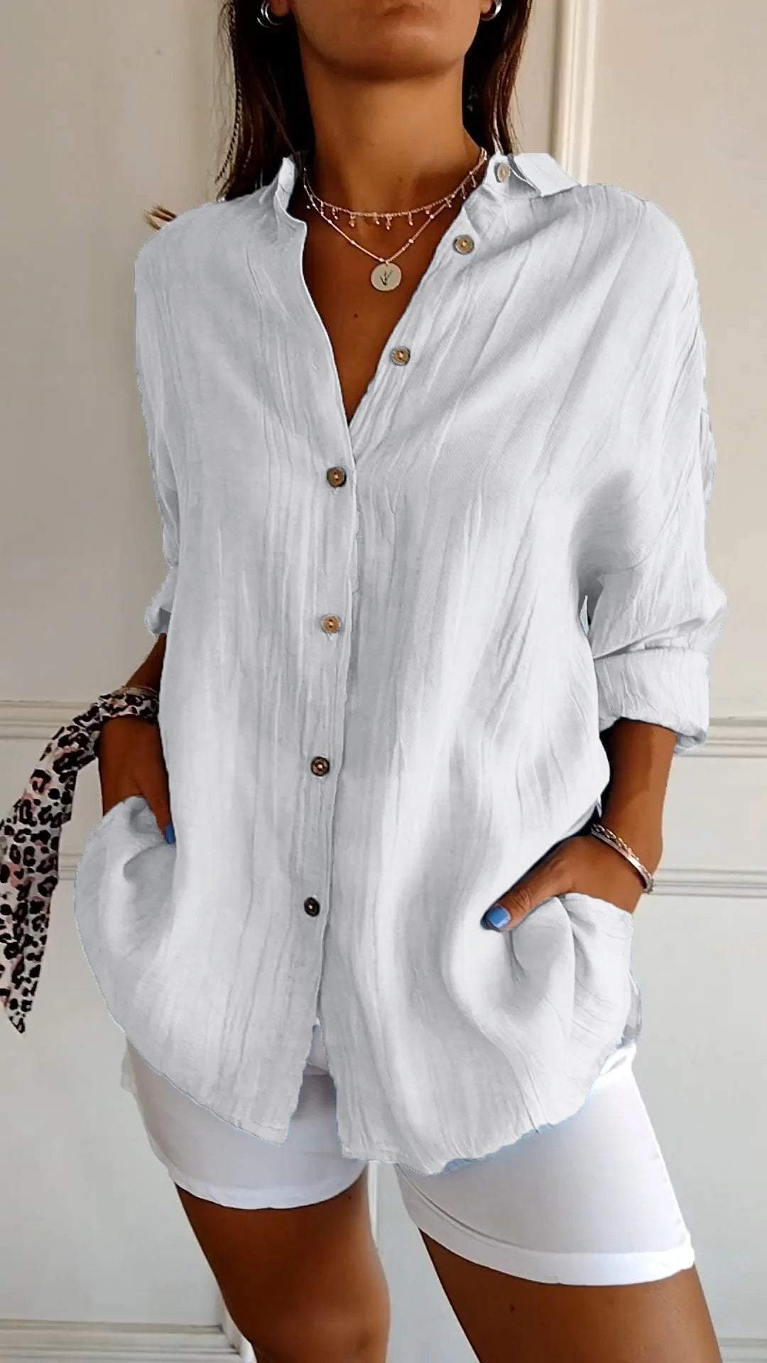 Women Cotton Single-breasted Pleated Lapel Shirt
