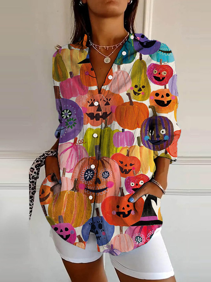 Women's Halloween Pumpkin Print Lapel Shirt