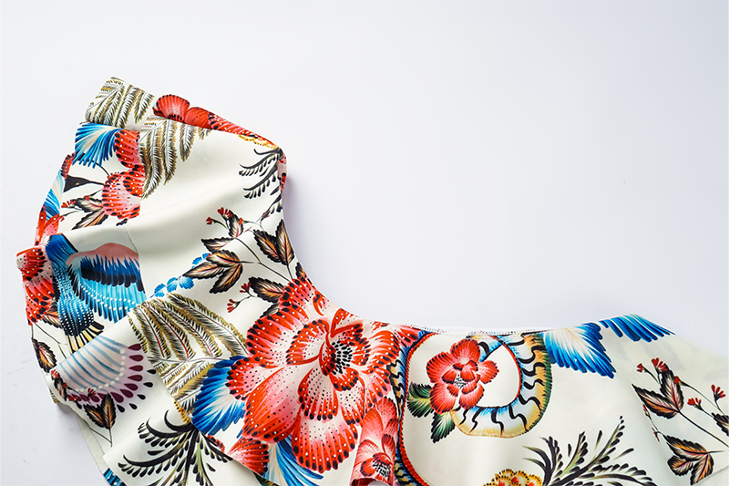 Vintage One-Shoulder Bird Flower Print Ruffled Bikini Set