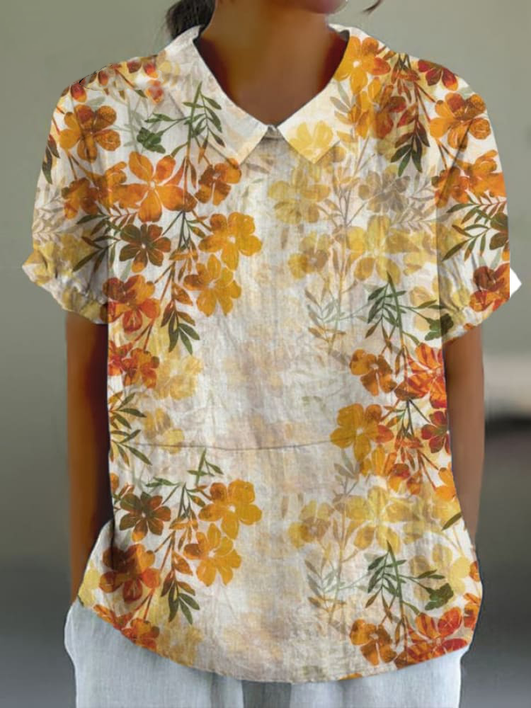 Women's Botanical Floral Print Lapel Short Sleeve T-Shirt