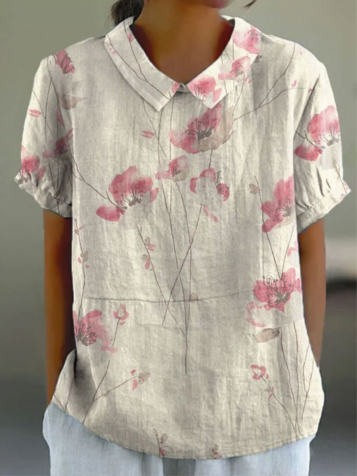 Women's  Flower Print Casual Cotton And Linen Shirt