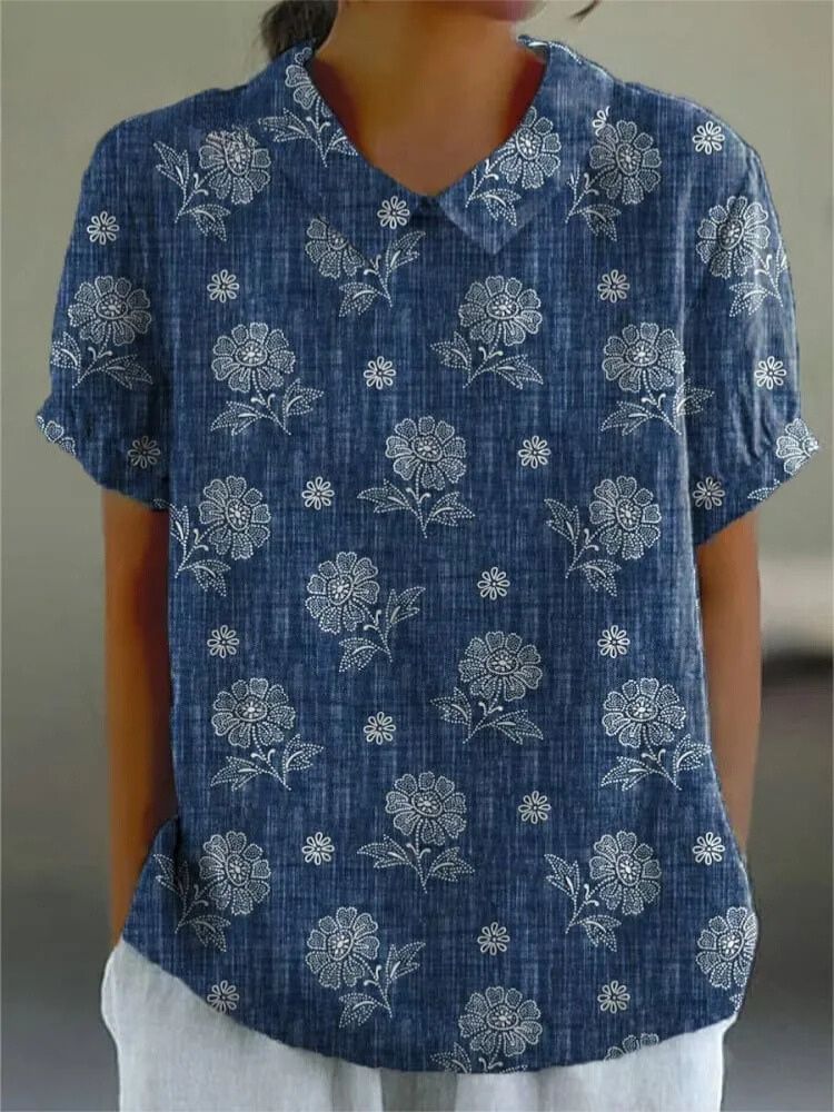 Women's Vintage Floral Art Print Casual Cotton And Linen Shirt
