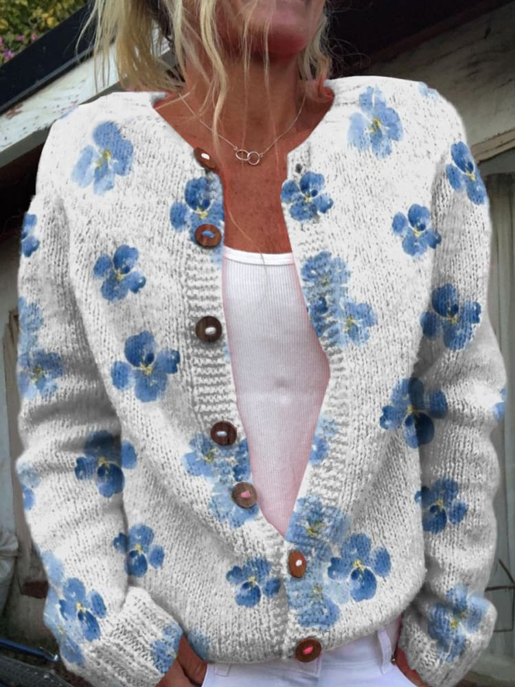 Blue Small Flower Decorative Pattern Buttoned Cardigan Sweater