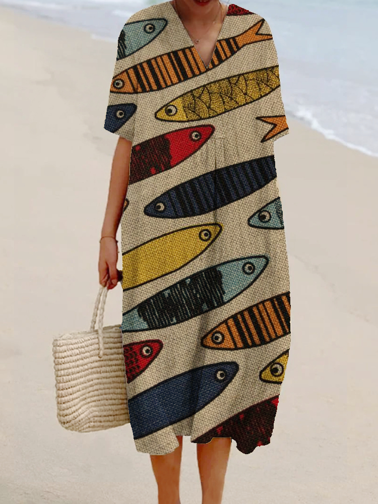 Women's Fish Print Casual Cotton And Linen Dress