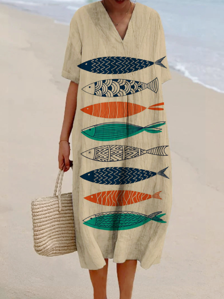 Women's Fish Print Casual Cotton And Linen Dress