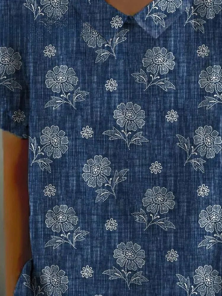 Women's Vintage Floral Art Print Casual Cotton And Linen Shirt