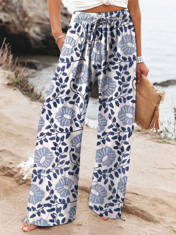 Women's  Floral  Art Printed Cotton And Linen Casual Pants