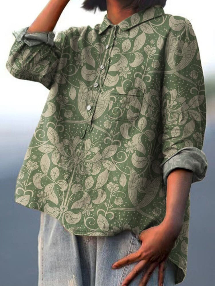 Symmetrical Botanical Floral Pattern Printed Women's Casual Cotton And Linen Shirt