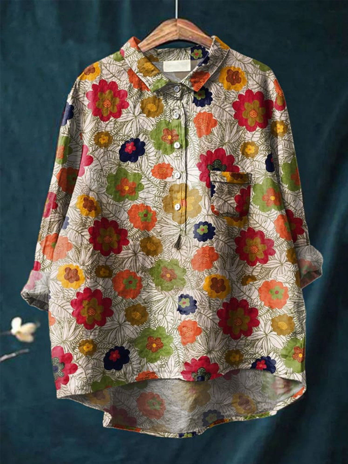 Women's Floral Art Print Casual Cotton And Linen Shirt