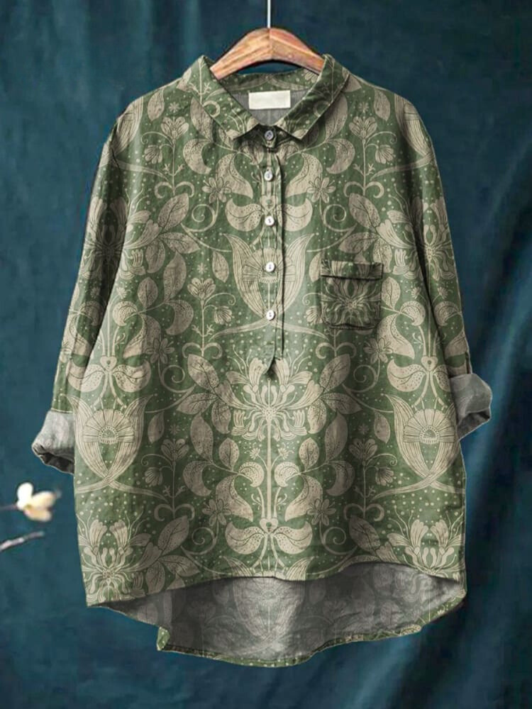 Symmetrical Botanical Floral Pattern Printed Women's Casual Cotton And Linen Shirt