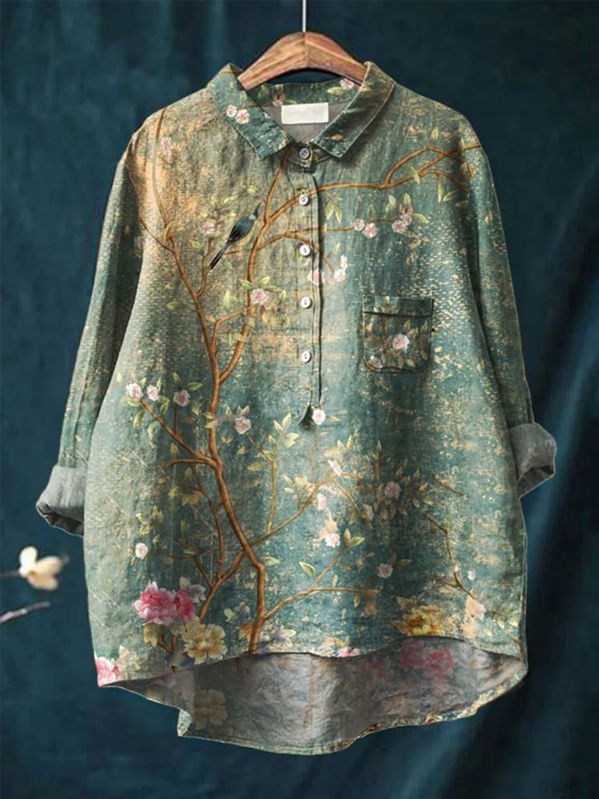 Women's Floral Art Print Casual Cotton And Linen Shirt