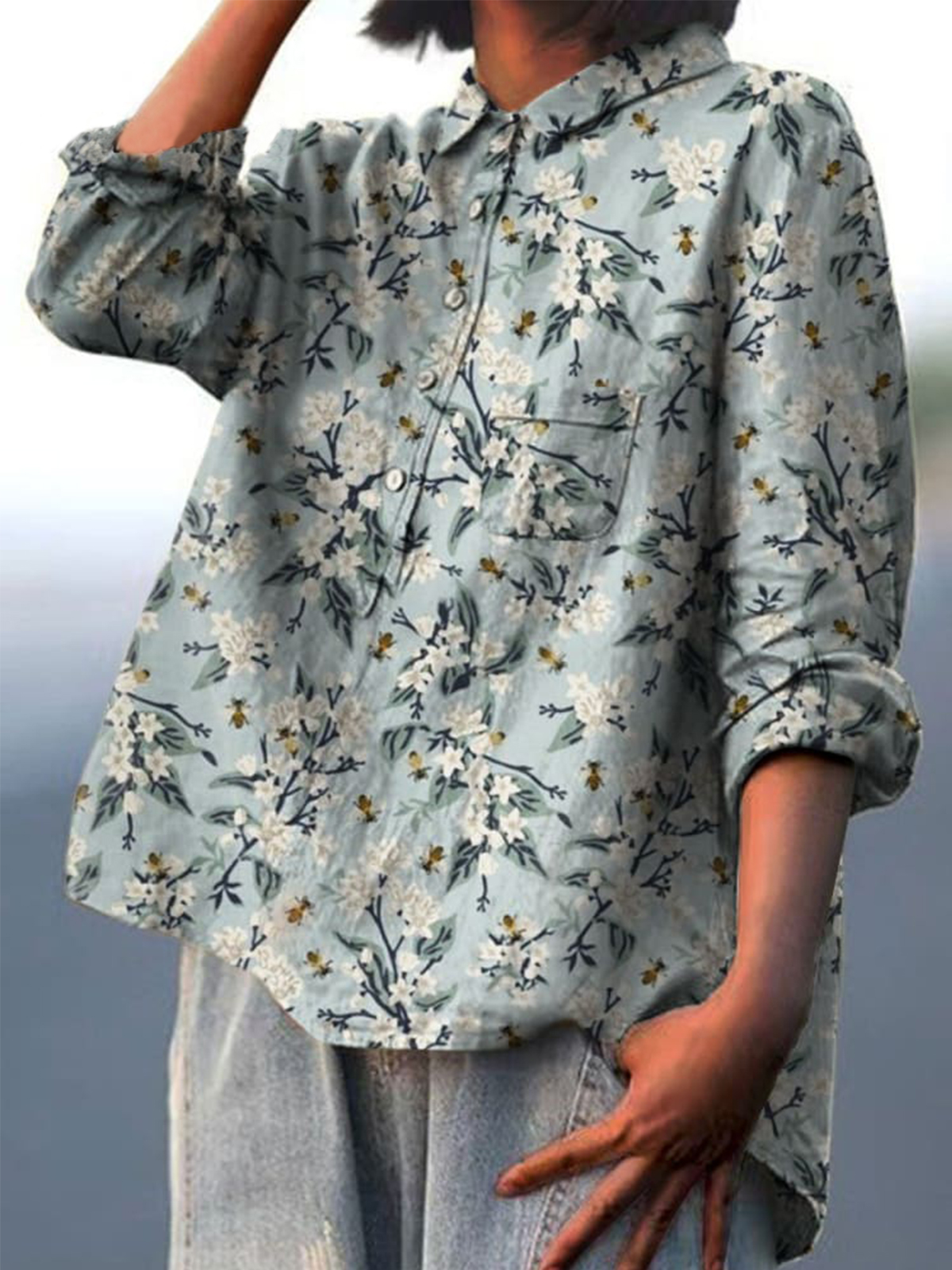 Women's Floral Art Print Casual Cotton And Linen Shirt