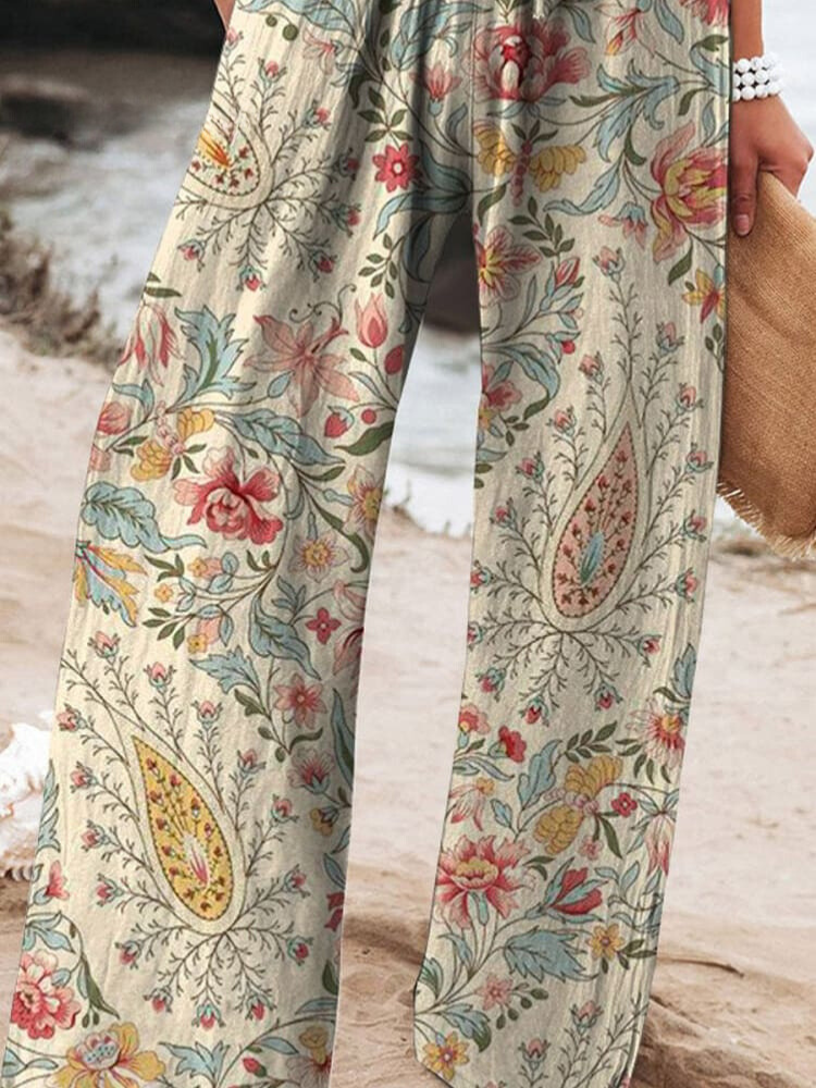 Women's Vintage Lovely Floral Art Printed Cotton And Linen Casual Pants