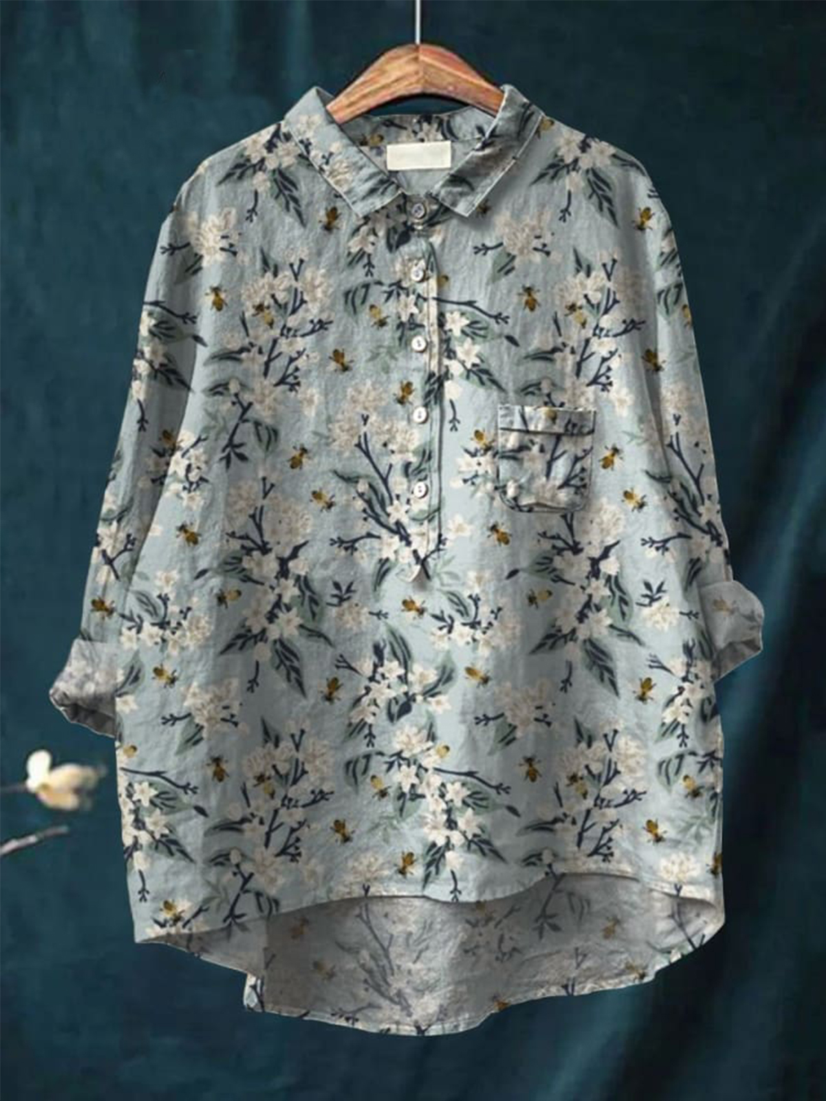 Women's Floral Art Print Casual Cotton And Linen Shirt