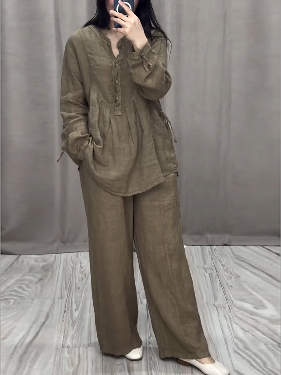 Women Cotton and Linen V-neck Two-piece Suit
